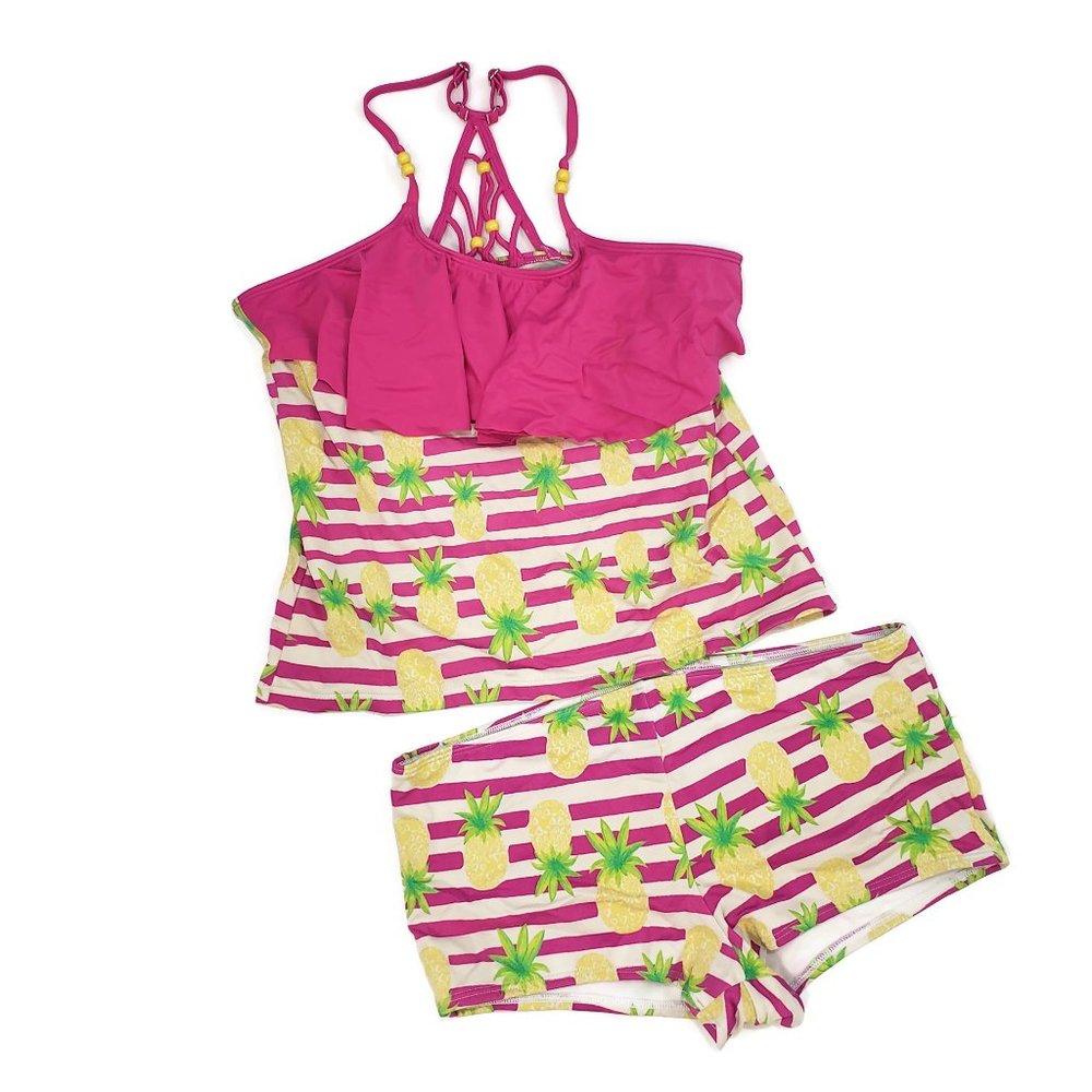 Land's End Tankini Swimsuit 16 Pink Pineapple Ruffles Boy Short Bottom 2 Piece